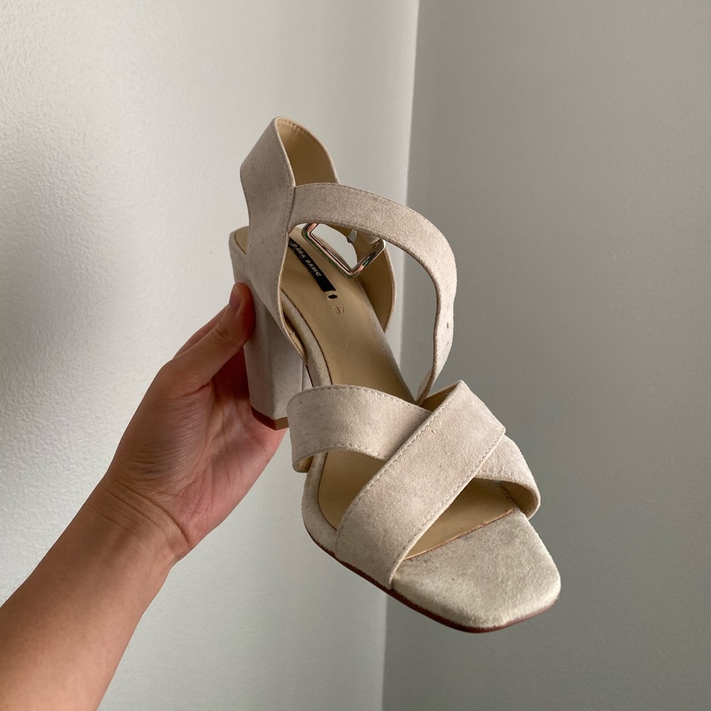 Zara Suede Mid Heel Sandals Ecru US 6.5
